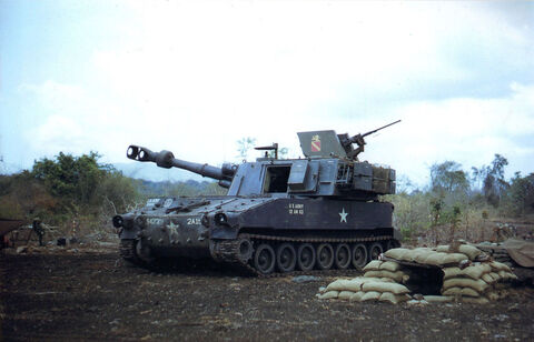 U.S. Army M109 155mm Self-Propelled Gun of Battery A 2/35TH Artillery Regiment inside the Horseshoe on the overcast morning of 1 April 1967