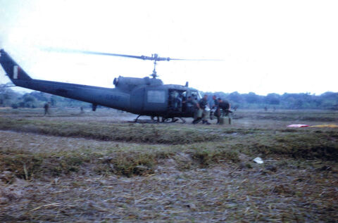 B Coy 5 R.A.R. water resupply by R.A.A.F. UH-1B Iroquois south-east Dat Do early morning 5.4.67