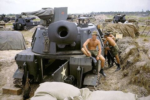 Gunner Fred Bowden, Royal Regiment of Australian Artillery, 12th Field Regiment, astride a US 155mm self-propelled howitzer at Fire Support Base Coral, 1968. Some US artillery was seconded to the Australians at Coral. [Image courtesy of Fred Bowden] We were all overwhelmed by the sheer size of the American effort. We had an army of 35,000, we had no idea that that’s the size of just one of their manoeuvre units! They would do tremendous feats of logistics, like they actually made the highway fro