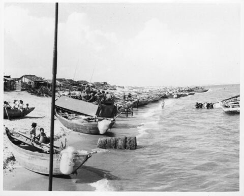 Traditional Fishing boats drawn up on beach at Phuoc Hai village