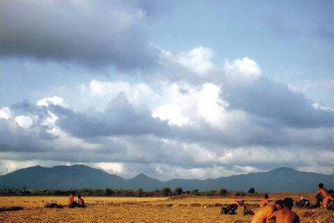 The Long Hai Hills viewed from immediately south of Xa Phuoc Loi during breakfast in the fenced minefield 6 Pl 5 RAR 8.4.67
