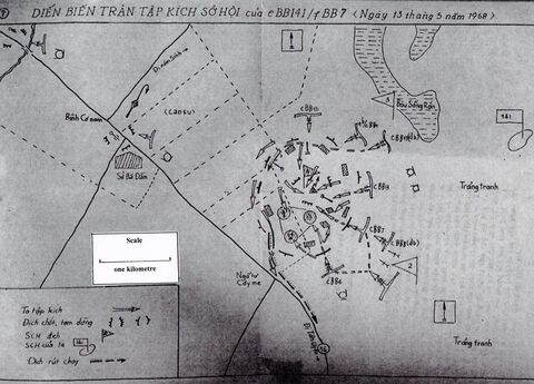 Sketch map titled: The Conduct of the Surprise Attack at So Hoi (FSPB Coral) by the 141st (NVA) Infantry Regiment/7th Infantry Division (13 May 1968). The map uses Warsaw Pact-style map-marking symbols (ie not the NATO STANAG/Australian symbols) – the symbols for the “enemy” (ie Australian) elements are hatched/shaded . The sketch map shows the 141st NVA Regiment attacking “4RAR” (ie “HQ 4RAR” is shown as a shaded triangular flag with a “4” - and with the “fly” of the flag to the right - ie for