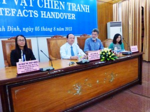 Artefacts handover ceremony at Quy Nhon, Binh Dinh province. About 90 letters had been collected from Binh Dinh province by an Australian adviser. We were able to return many to family members. From the left, Ms Ngo Thi Thuy Hang, CEO of the MARIN centre, an NGO specialising in helping Vietnamese families find their MIA soldiers; Le Huu Loc, Province Chief, Binh Dinh Province; Bob Hall and Huyen Siccama, Bob’s interpreter. The handover ceremony attracted a lot of Vietnamese media coverage.